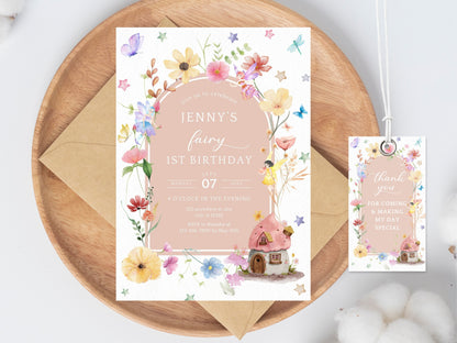 Fairy First Birthday Invitation Template, Blush Wildflower, Garden Party Invite (Digital Download)