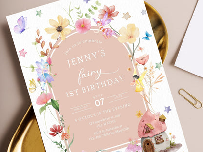 Fairy First Birthday Invitation Template, Blush Wildflower, Garden Party Invite (Digital Download)