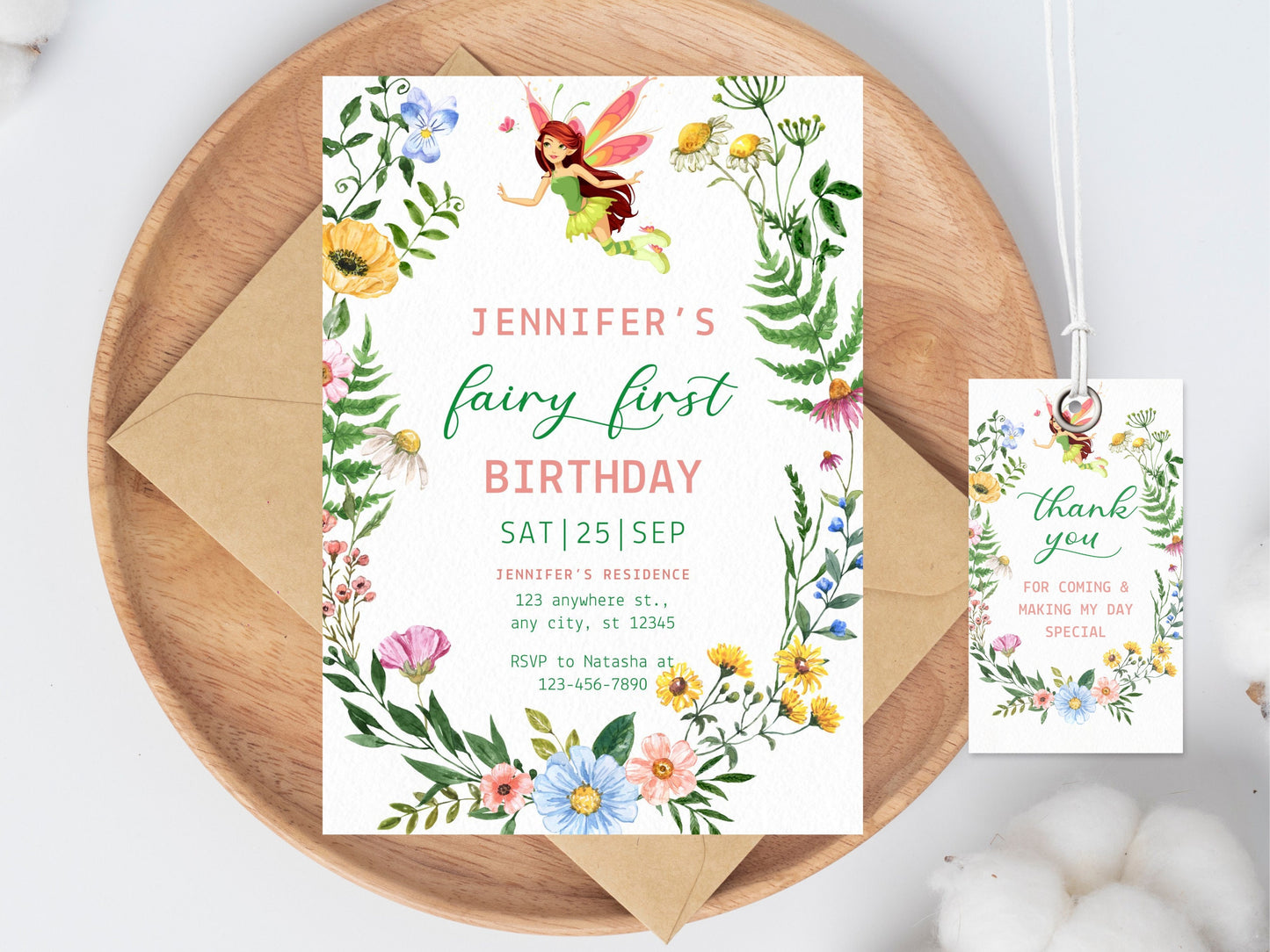 Floral Fairy First Birthday Invitation Template (Digital Download)