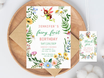 Floral Fairy First Birthday Invitation Template (Digital Download)