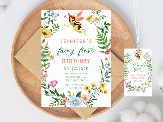 Floral Fairy First Birthday Invitation Template (Digital Download)