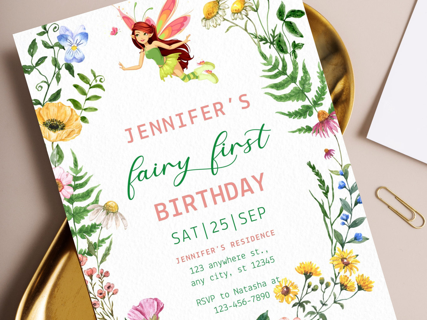 Floral Fairy First Birthday Invitation Template (Digital Download)
