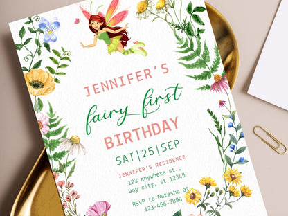 Floral Fairy First Birthday Invitation Template (Digital Download)