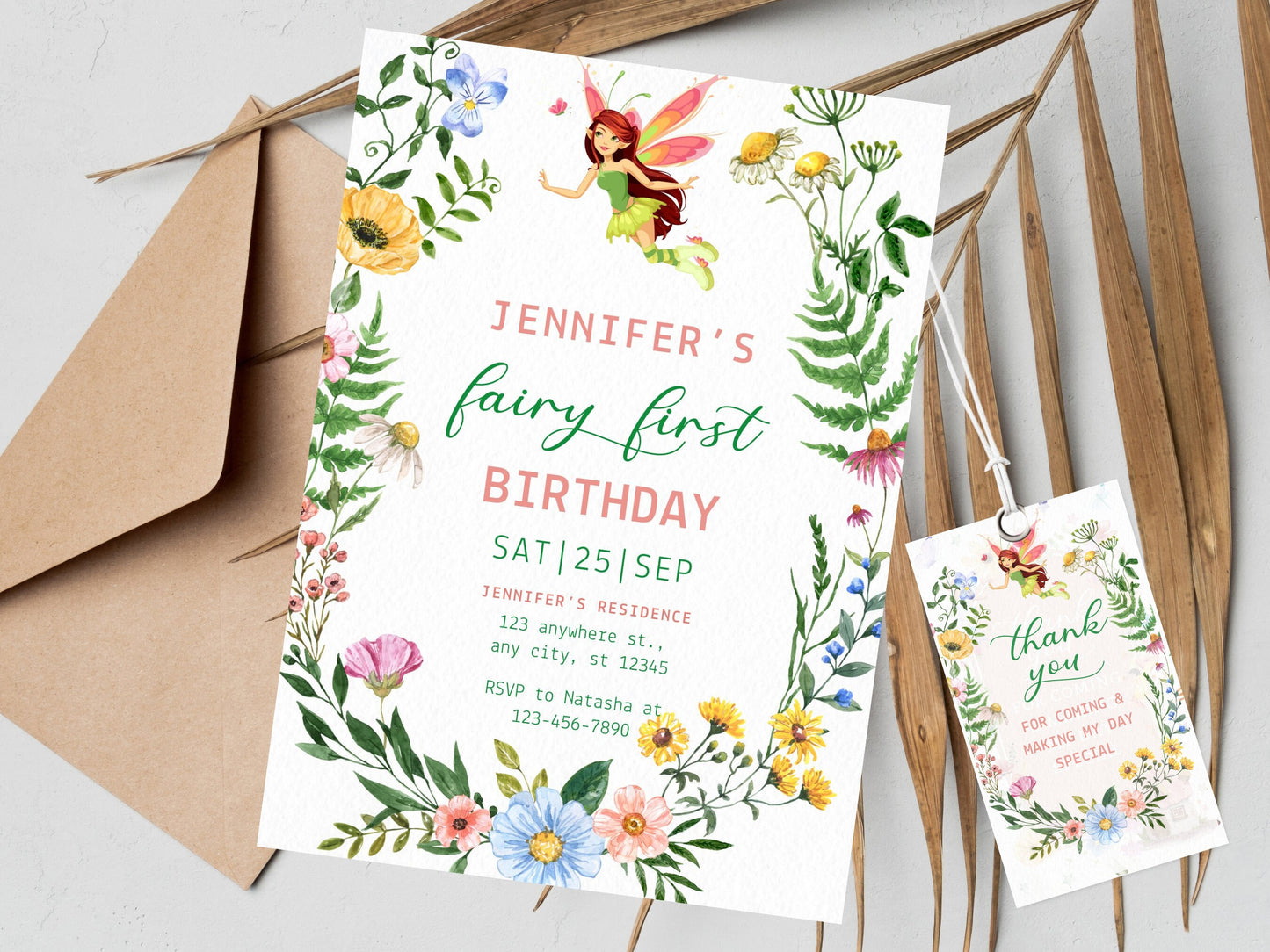 Floral Fairy First Birthday Invitation Template (Digital Download)