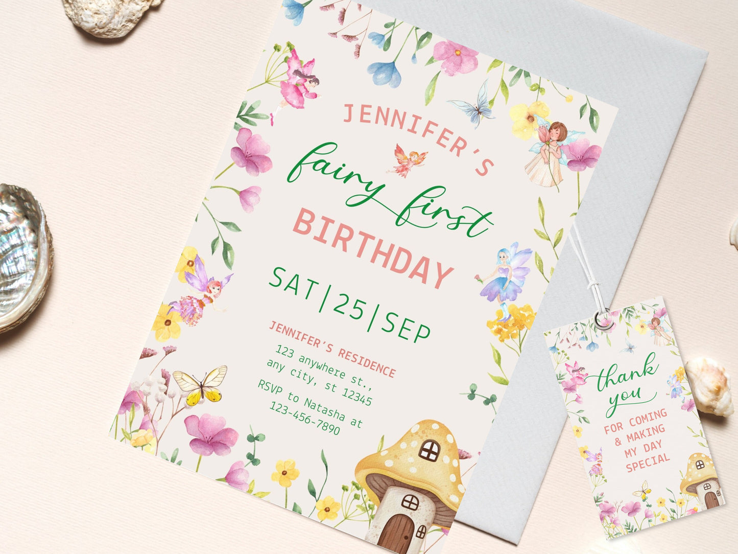 Fairy First Birthday Invitation Template, Floral Garden Party (Digital Download)