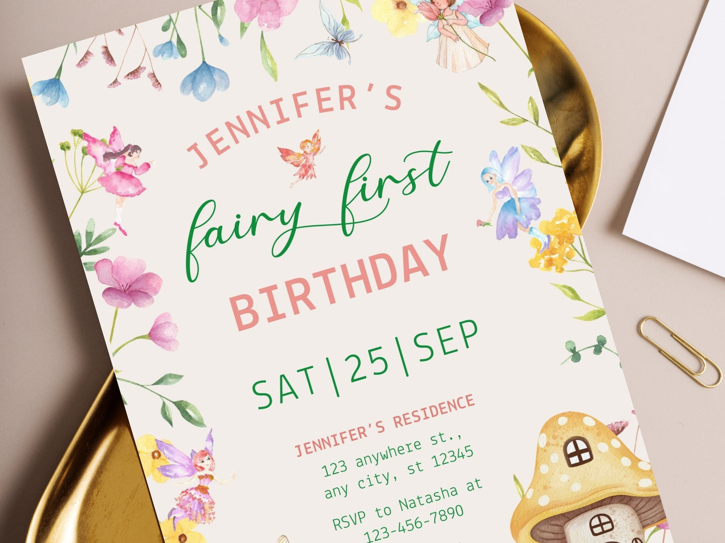 Fairy First Birthday Invitation Template, Floral Garden Party (Digital Download)