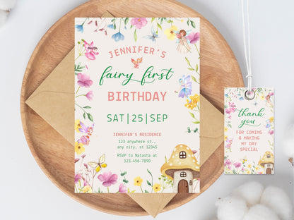Fairy First Birthday Invitation Template, Floral Garden Party (Digital Download)