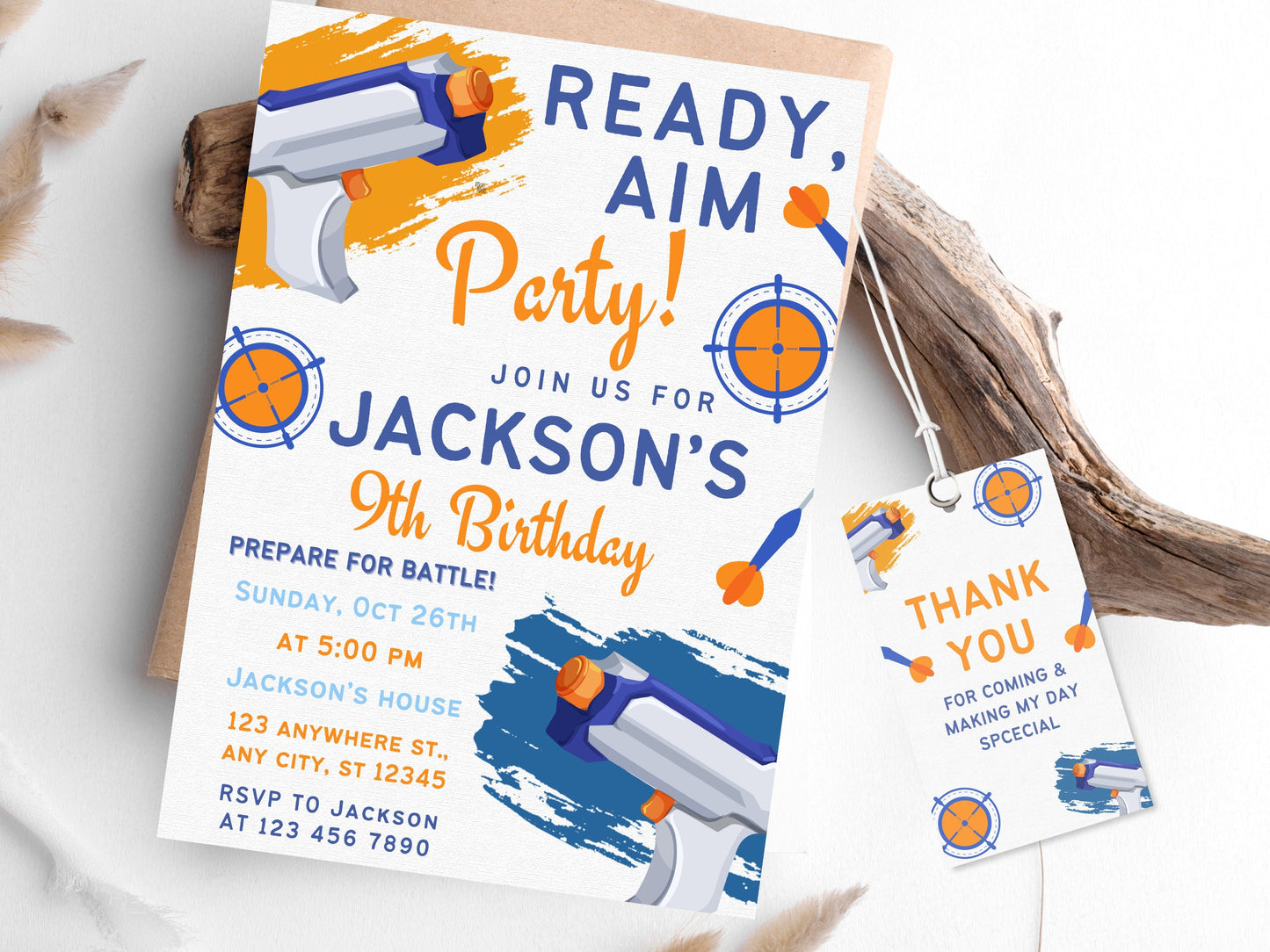 Bearbeitbare Einladung zur Nerf-Geburtstagsparty, Einladung zur Dart-Geburtstagsparty, Dart-Geburtstagseinladung mit Dankeswort, bearbeitbare Canva-Vorlage