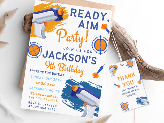 Editable Nerf Birthday Party Invitation, Dart Gun Birthday Party Invitation, Dart Birthday Invite With Thank You, Editable Canva Template