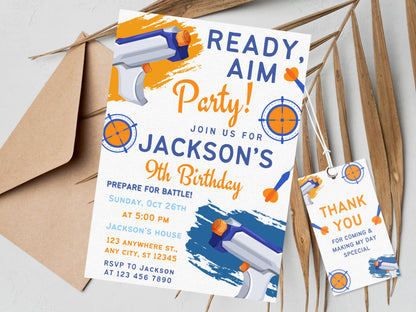 Bearbeitbare Einladung zur Nerf-Geburtstagsparty, Einladung zur Dart-Geburtstagsparty, Dart-Geburtstagseinladung mit Dankeswort, bearbeitbare Canva-Vorlage