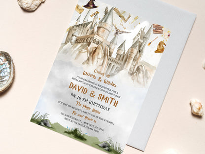 Invitation d'anniversaire sur le thème des sorciers, fête d'école de magie (modèle Canva modifiable)