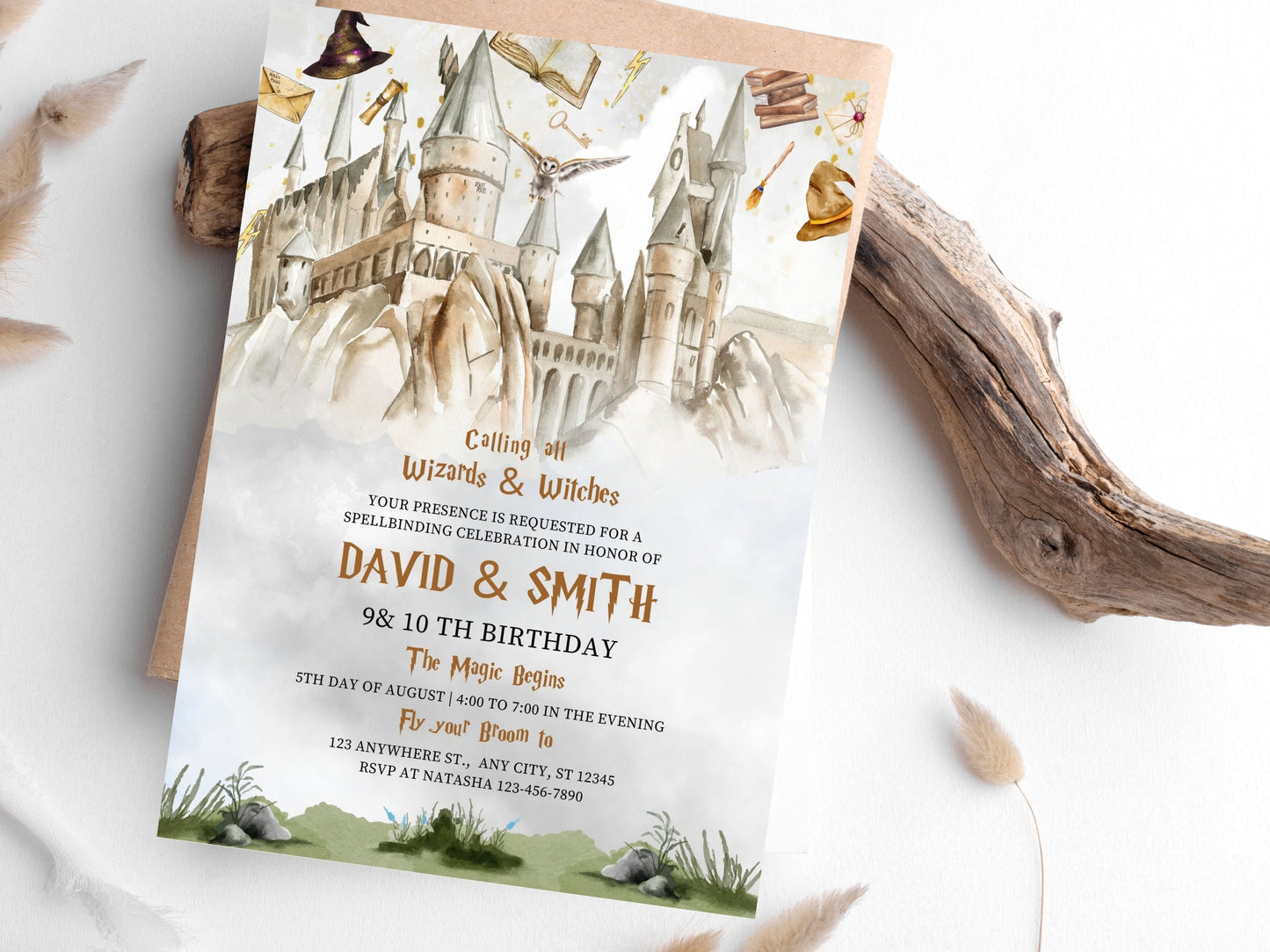 Invitation d'anniversaire sur le thème des sorciers, fête d'école de magie (modèle Canva modifiable)