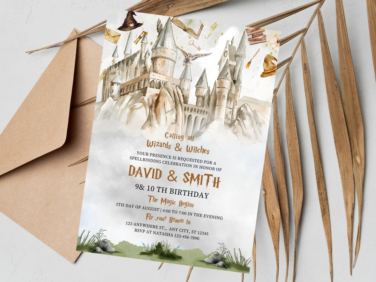 Invitation d'anniversaire sur le thème des sorciers, fête d'école de magie (modèle Canva modifiable)