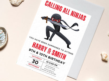 Ninja-Krieger-Geburtstagseinladung, Karate-Party für Geschwister (Bearbeitbare Vorlage)