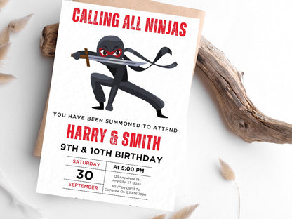 Ninja-Krieger-Geburtstagseinladung, Karate-Party für Geschwister (Bearbeitbare Vorlage)