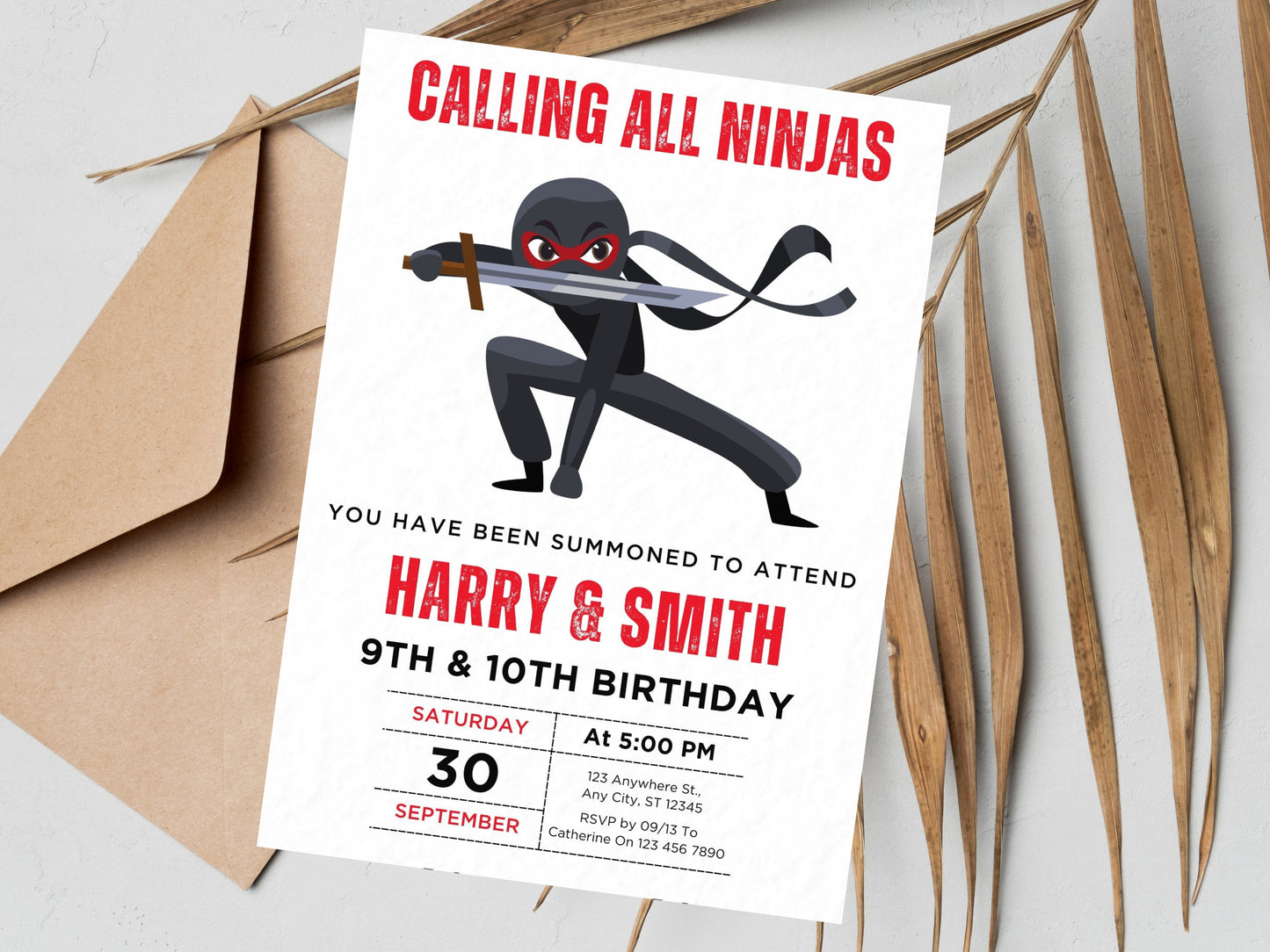 Ninja-Krieger-Geburtstagseinladung, Karate-Party für Geschwister (Bearbeitbare Vorlage)