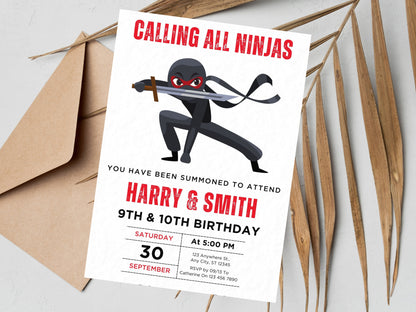 Ninja-Krieger-Geburtstagseinladung, Karate-Party für Geschwister (Bearbeitbare Vorlage)