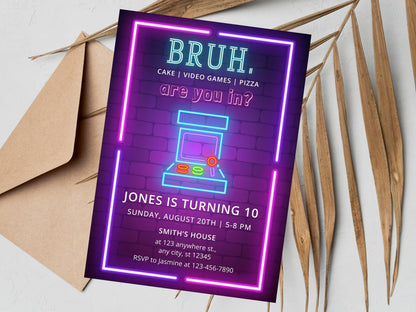 Editable Neon Arcade Birthday Invitation Template (Digital Download)