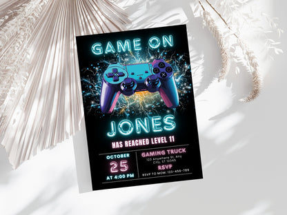 Level Up Video Game Birthday Invitation, Neon Arcade (Editable Template)