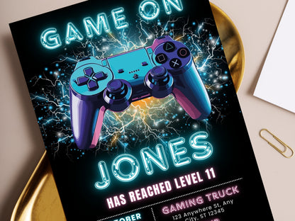 Level Up Video Game Birthday Invitation, Neon Arcade (Editable Template)