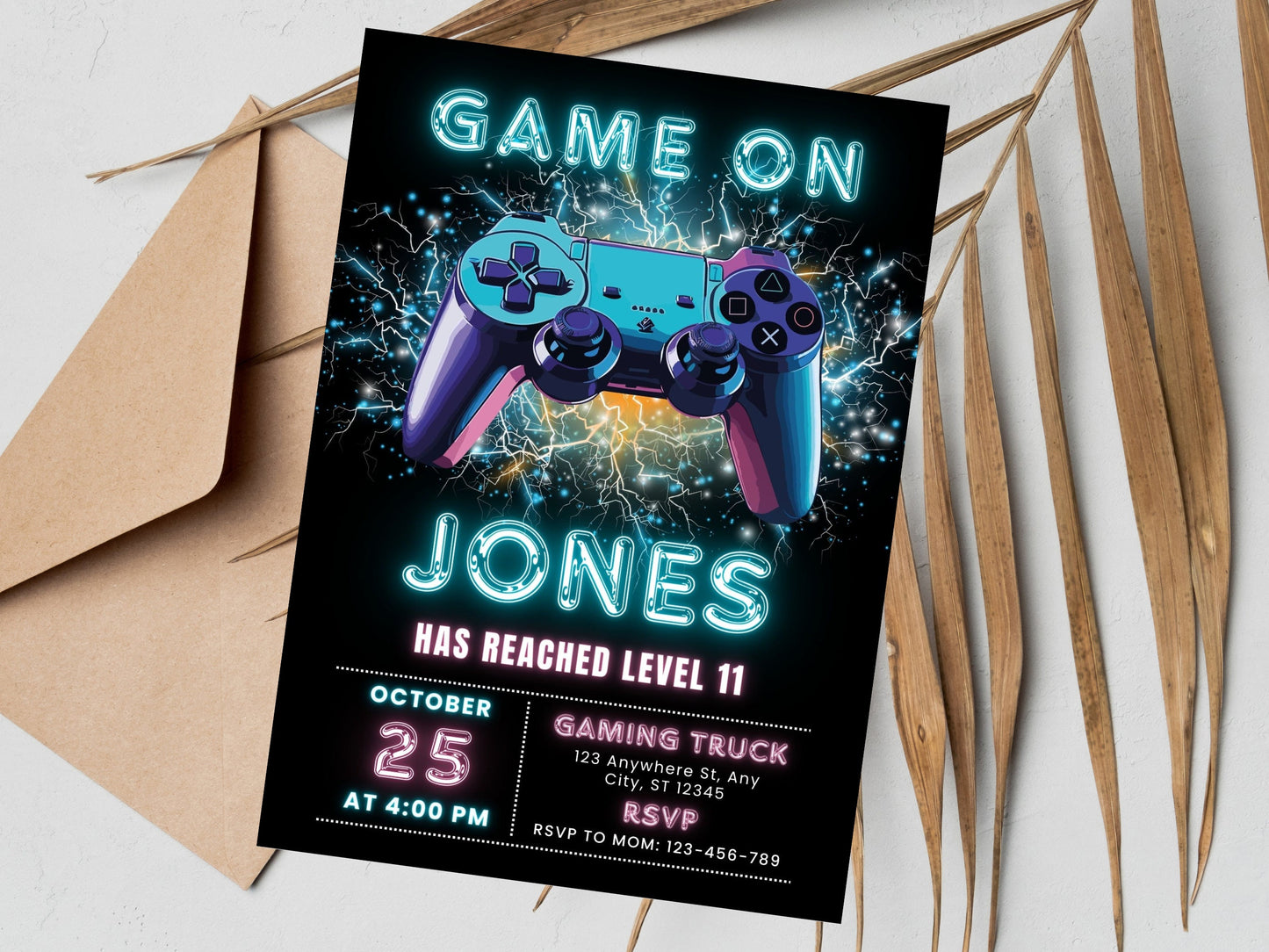 Level Up Video Game Birthday Invitation, Neon Arcade (Editable Template)