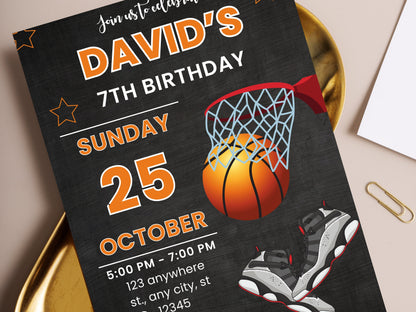 Vorlage für eine bearbeitbare Basketball-Geburtstagseinladung (Digitaler Download)