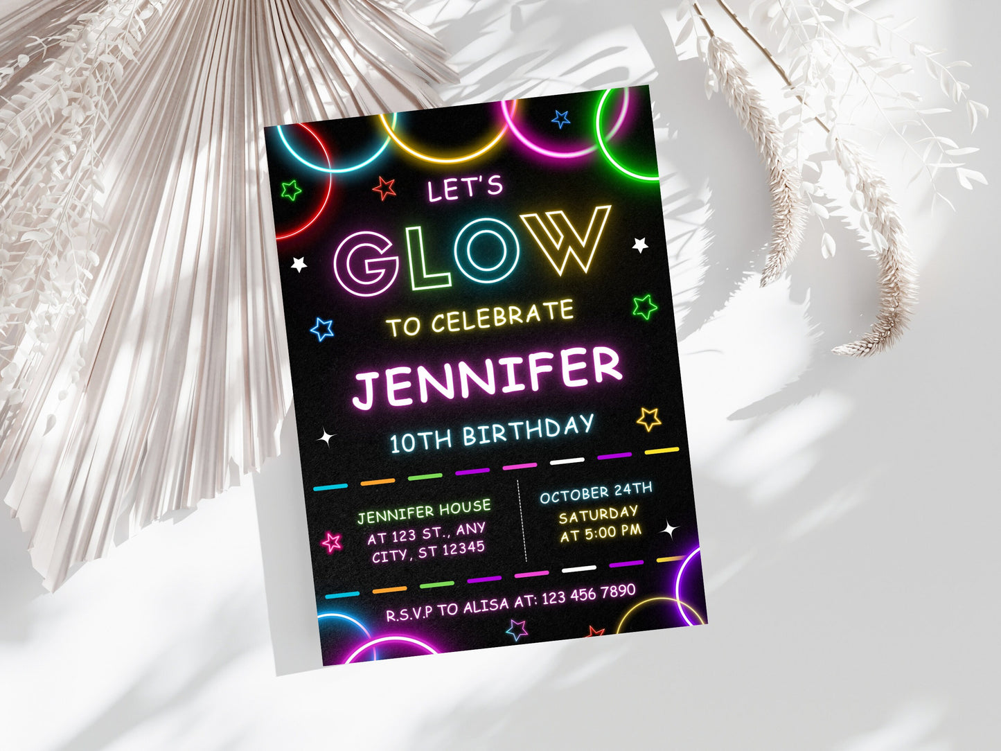 Editable Glow Party Birthday Invitation Template, Neon Invite (Digital Download)