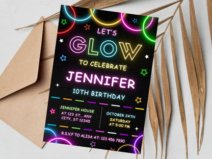Editable Glow Party Birthday Invitation Template, Neon Invite (Digital Download)