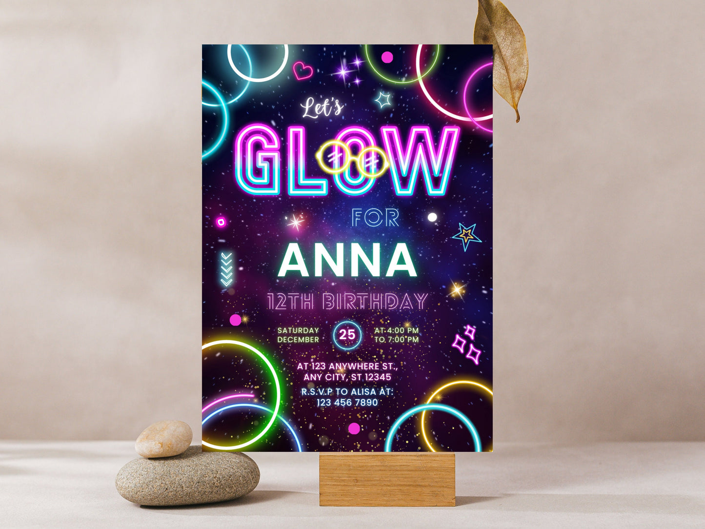 Editable Neon Glow Birthday Invitation Template (Digital Download)