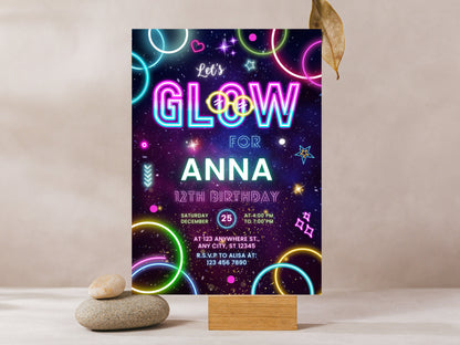 Editable Neon Glow Birthday Invitation Template (Digital Download)