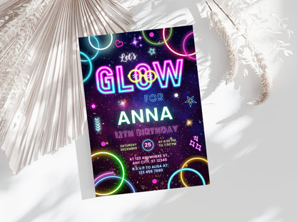 Editable Neon Glow Birthday Invitation Template (Digital Download)