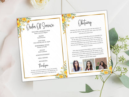 Editable Funeral Program Template, Floral Memorial Service (Digital Download)