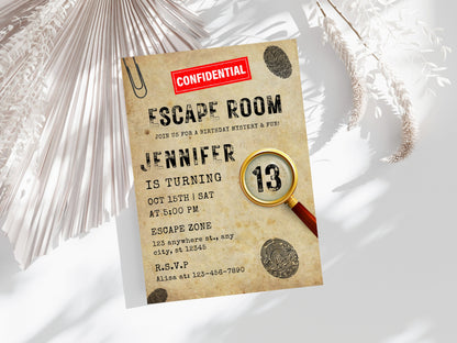 Escape Room Birthday Invitation Template, Editable Mystery Party (PDF)