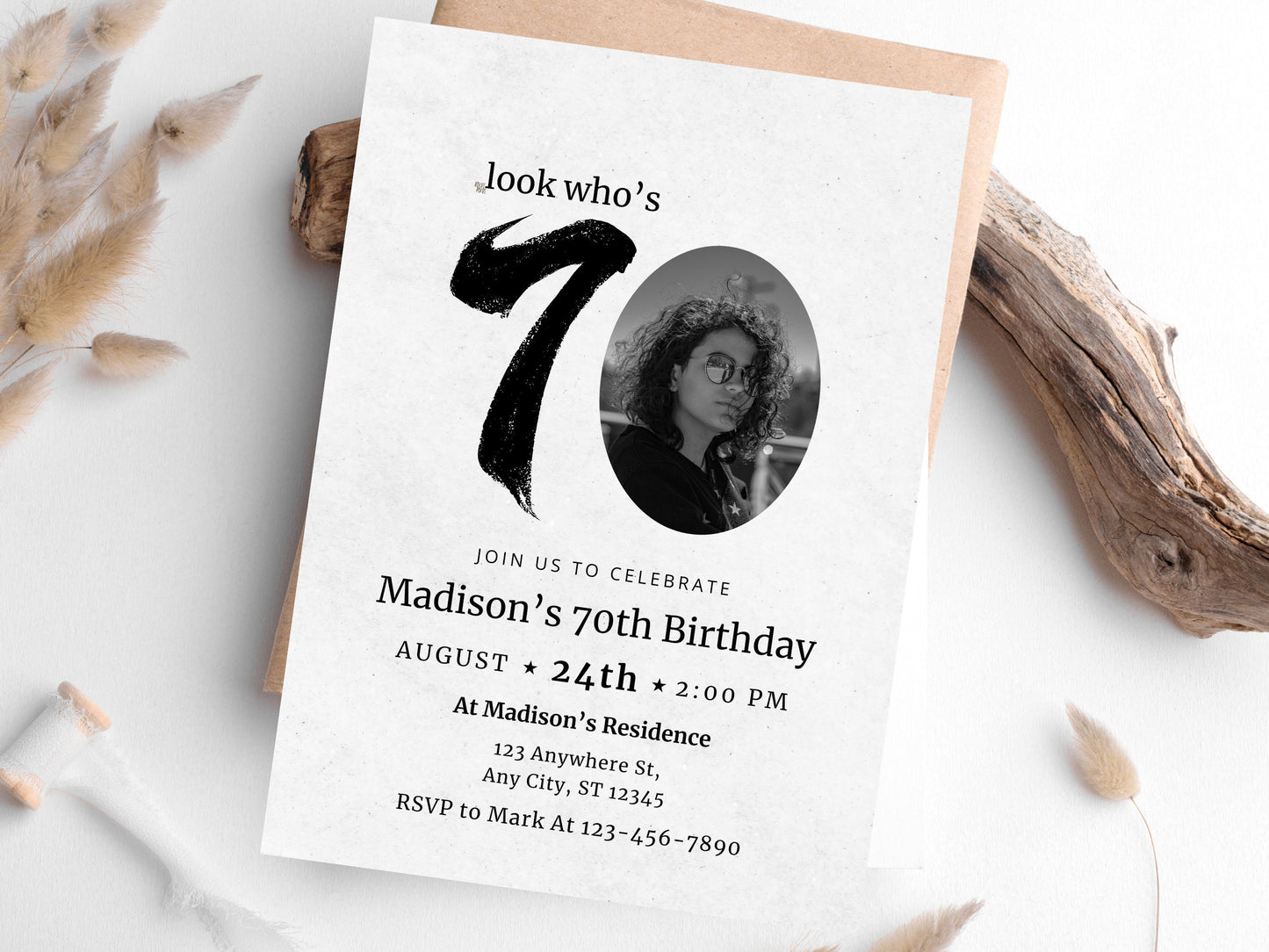 Modèle d'invitation pour un 70e anniversaire avec photo, modifiable et imprimable (5x7) (Téléchargement numérique)