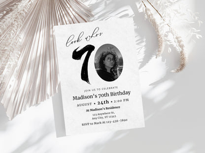 Modèle d'invitation pour un 70e anniversaire avec photo, modifiable et imprimable (5x7) (Téléchargement numérique)