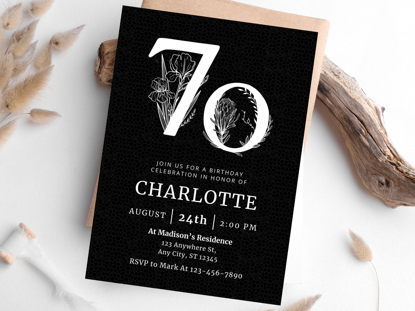 Elegant Floral 70th Birthday Invitation Template (Digital Download)