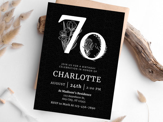 Elegant Floral 70th Birthday Invitation Template (Digital Download)