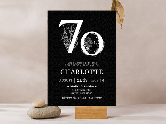 Elegante Einladungsvorlage zum 70. Geburtstag mit floralem Muster (Digitaler Download)