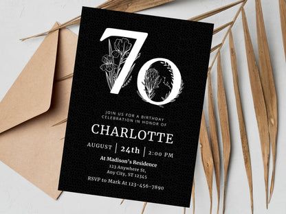 Elegant Floral 70th Birthday Invitation Template (Digital Download)