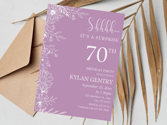 Vorlage für eine Einladung zum 70. Geburtstag mit Blumenmuster, Foto, bearbeitbar (Digitaler Download)