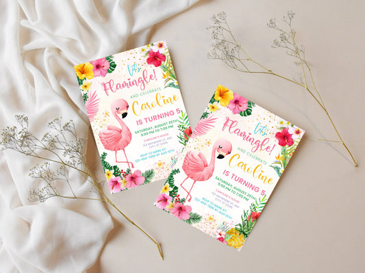 Flamingo Birthday Invitation, Tropical Pool Party, Editable Template (Digital Download)