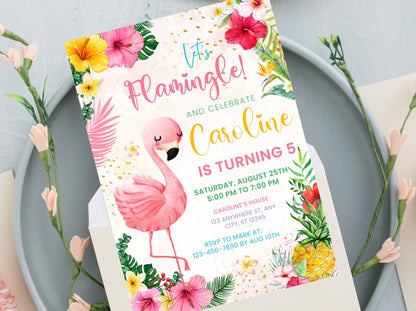 Flamingo-Geburtstagseinladung, tropische Poolparty, bearbeitbare Vorlage (digitaler Download)