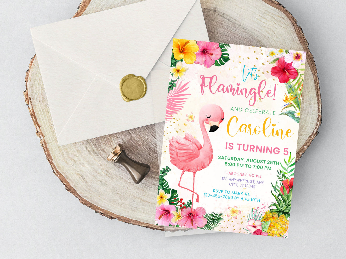 Flamingo-Geburtstagseinladung, tropische Poolparty, bearbeitbare Vorlage (digitaler Download)