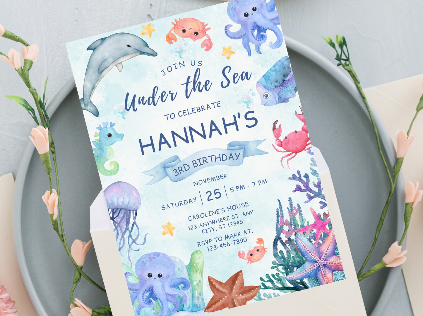 Under the Sea Birthday Invitation, Ocean Animals Party (Digital Download)