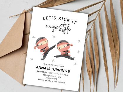 Ninja Girl Birthday Invitation, Editable Karate Party Invite (Digital Download)