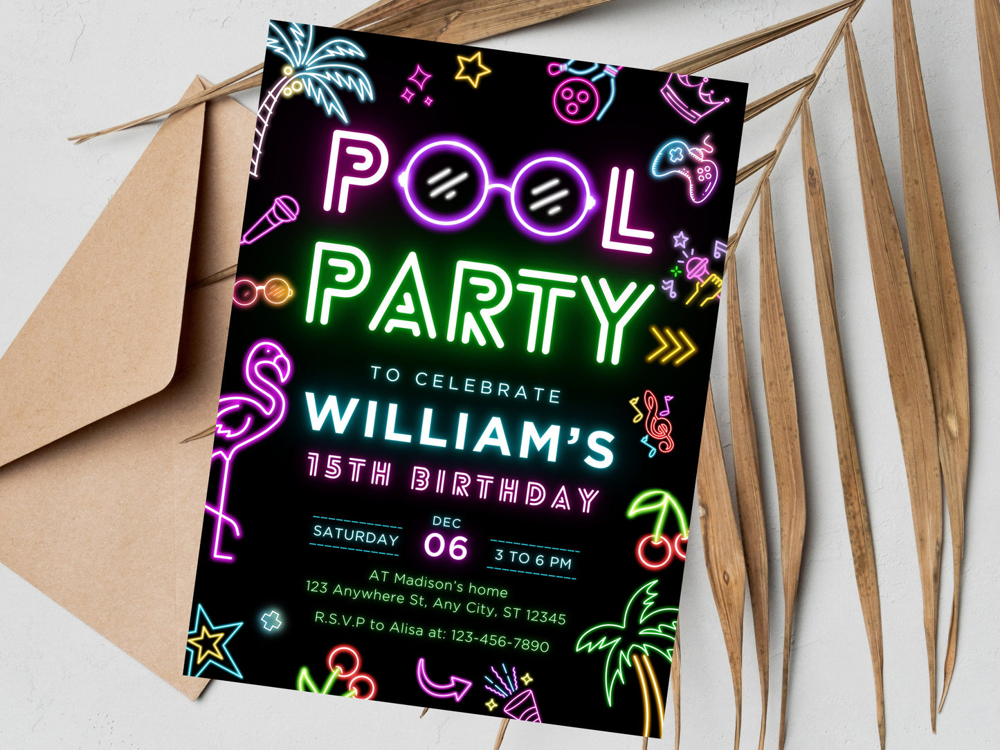 Bearbeitbare Neon-Poolparty-Geburtstagseinladung (Digitaler Download)