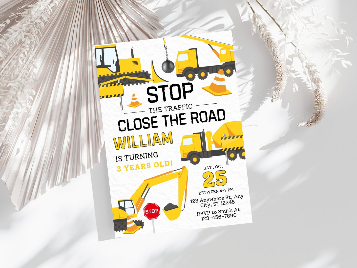 Construction Truck Birthday Invitation Template, Editable (Instant Download)