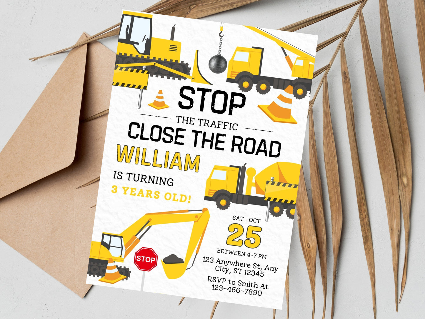 Construction Truck Birthday Invitation Template, Editable (Instant Download)
