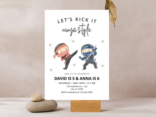 Ninja Birthday Invitation, Editable Siblings Karate Party Invite (Digital Download)