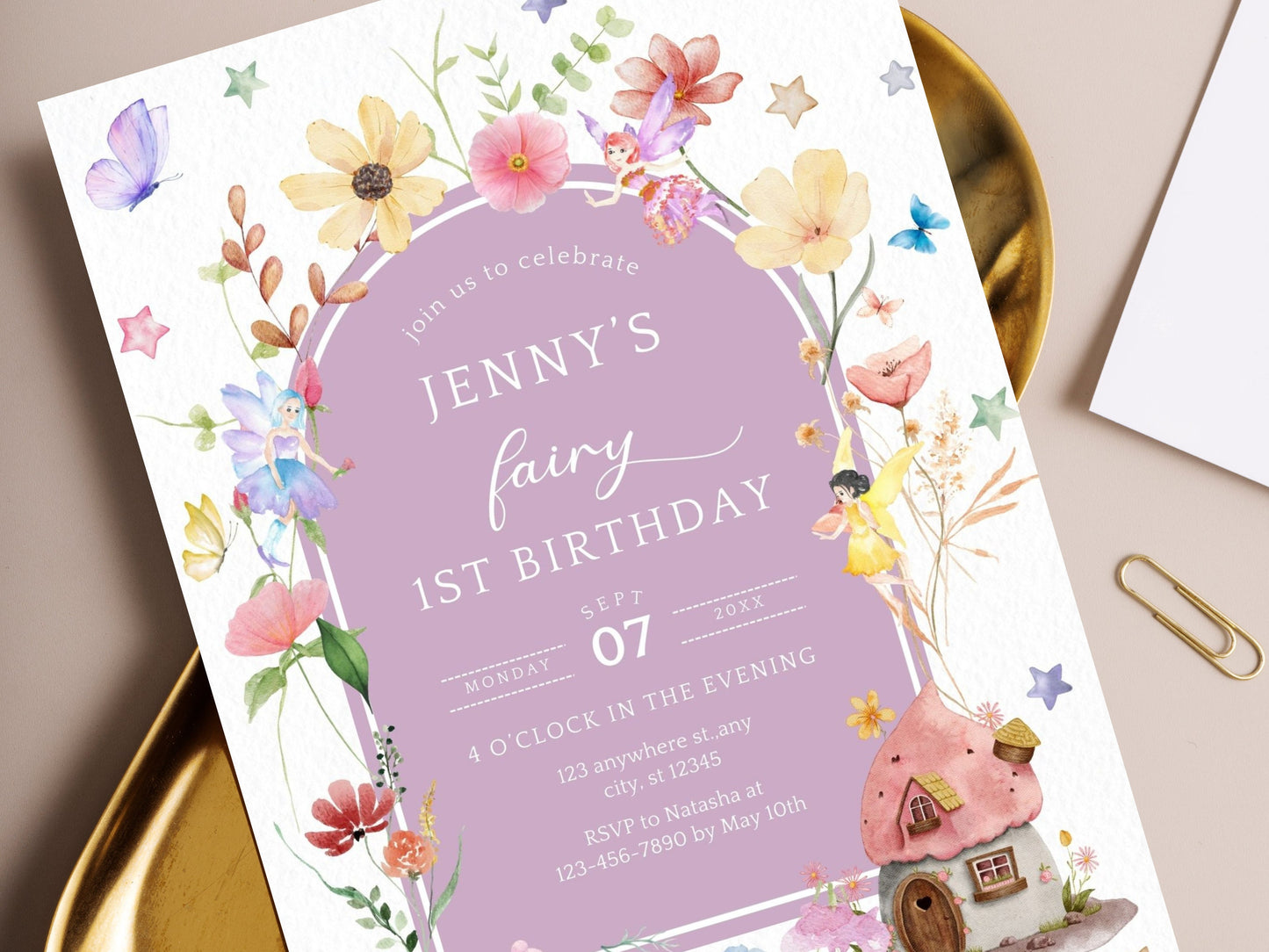 Fairy 1st Birthday Invitation Template, Blush Wildflower Garden (Digital Download)